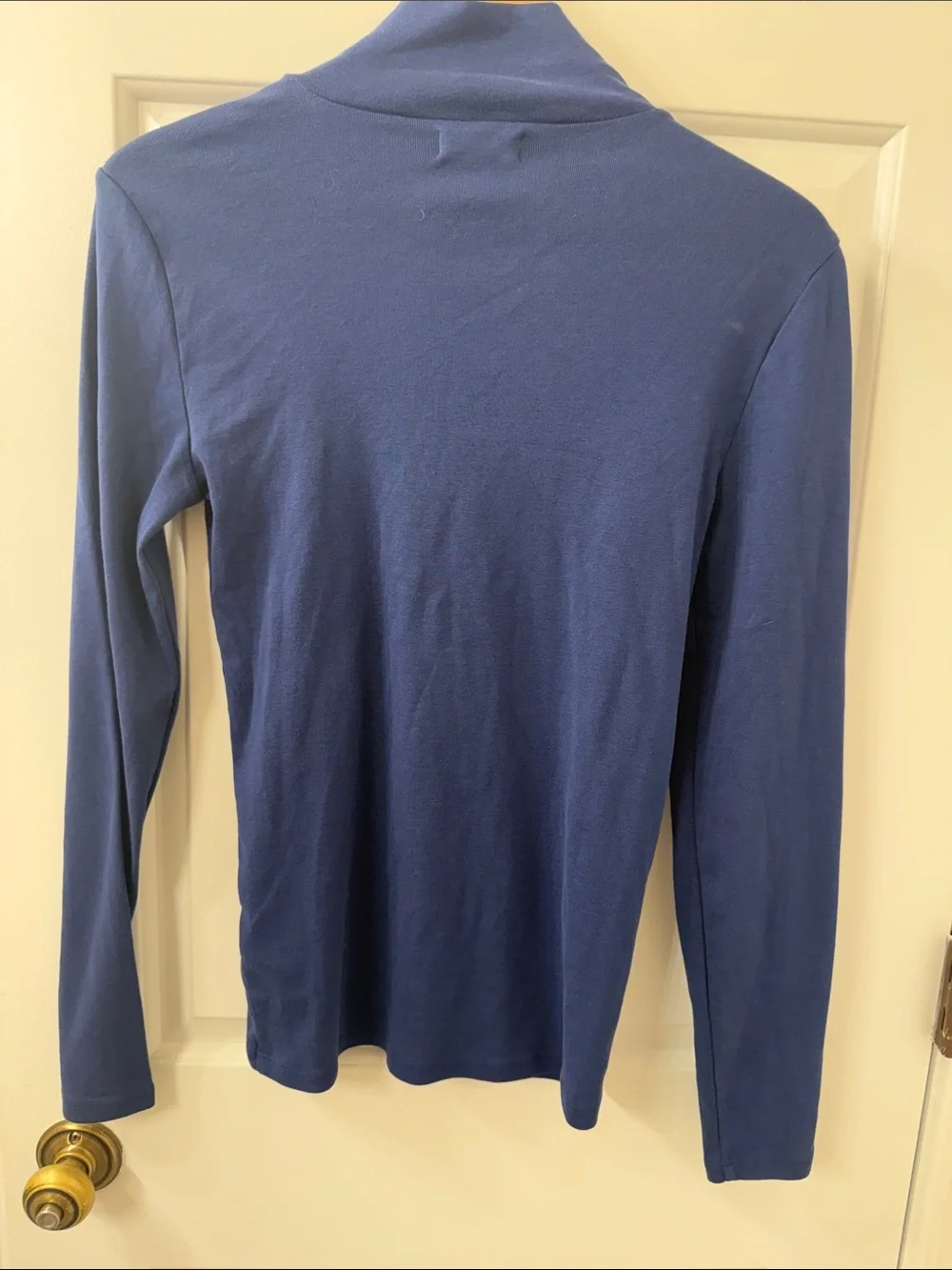 J. Crew Navy Mock Neck Shirt with Gold Button Detail